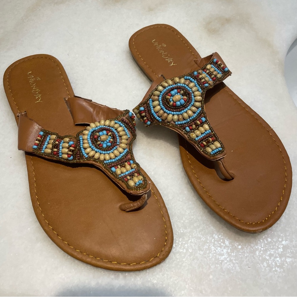 UNIONBAY Tan Sandals with Colorful Beadwork